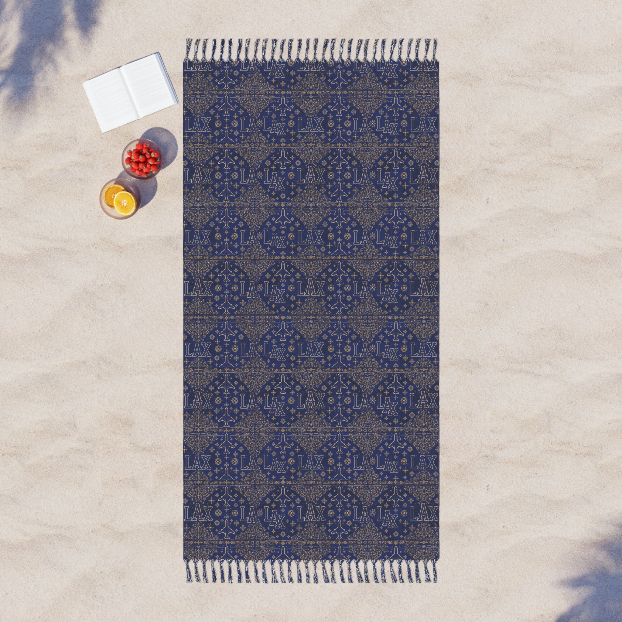 Boho Navy Moroccan Beach Towel — Lightweight Fringe Turkish-Style Beach Cloth