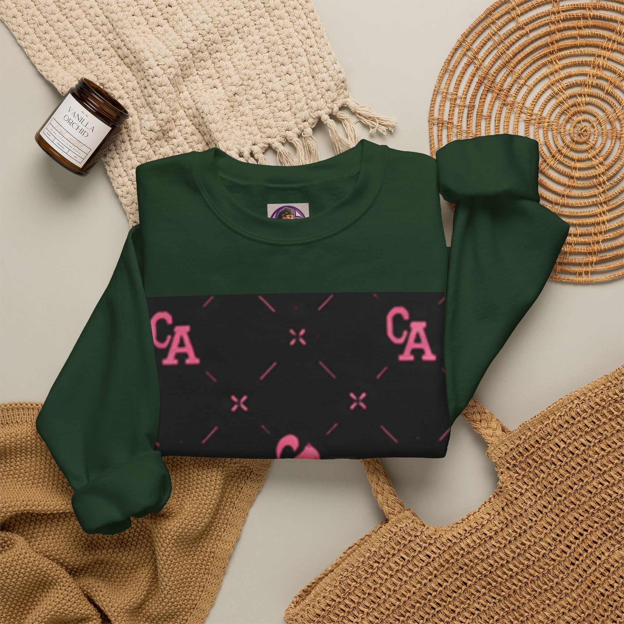 Crewneck Sweatshirt — Pink Monogram Block Print on Black