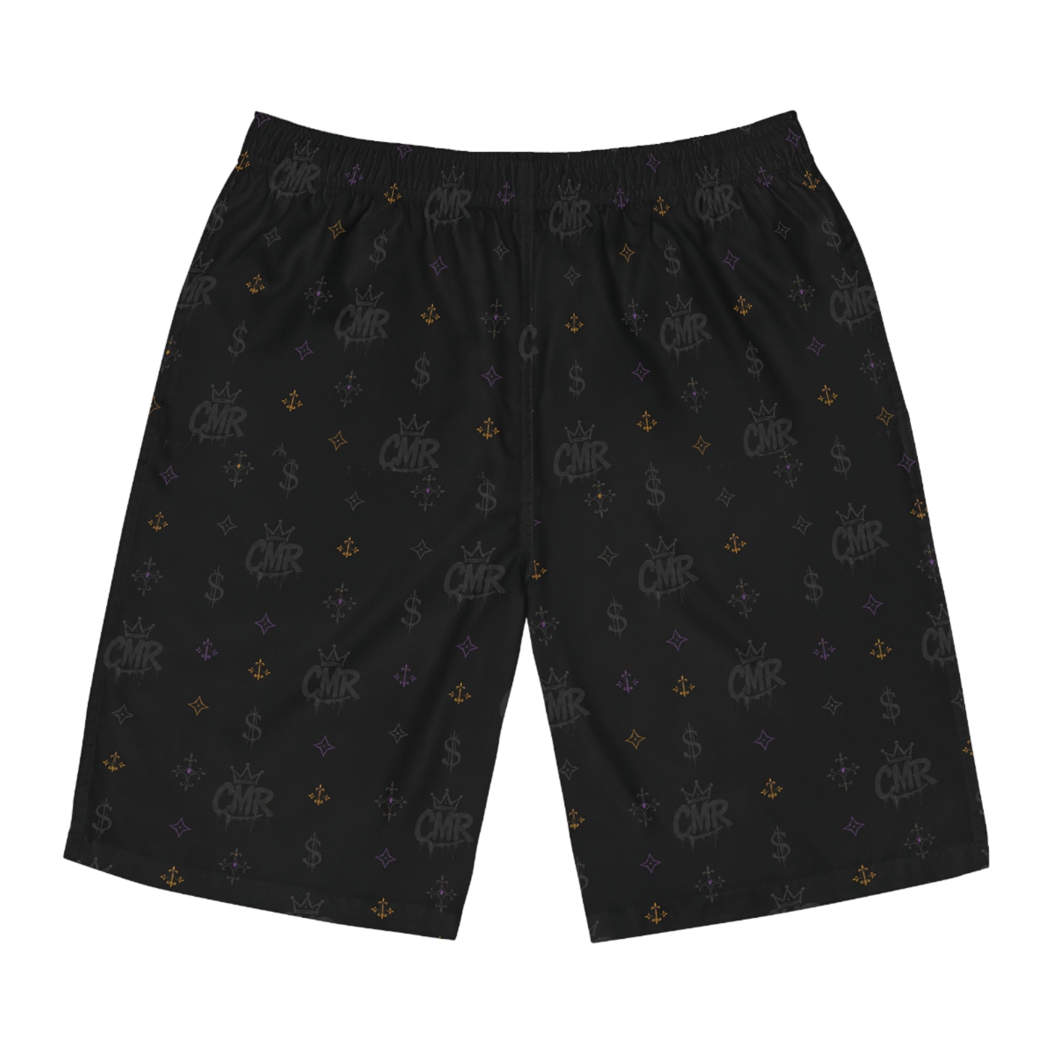 Black Monogram Board Shorts — Subtle Fleur & Crown All-Over Print