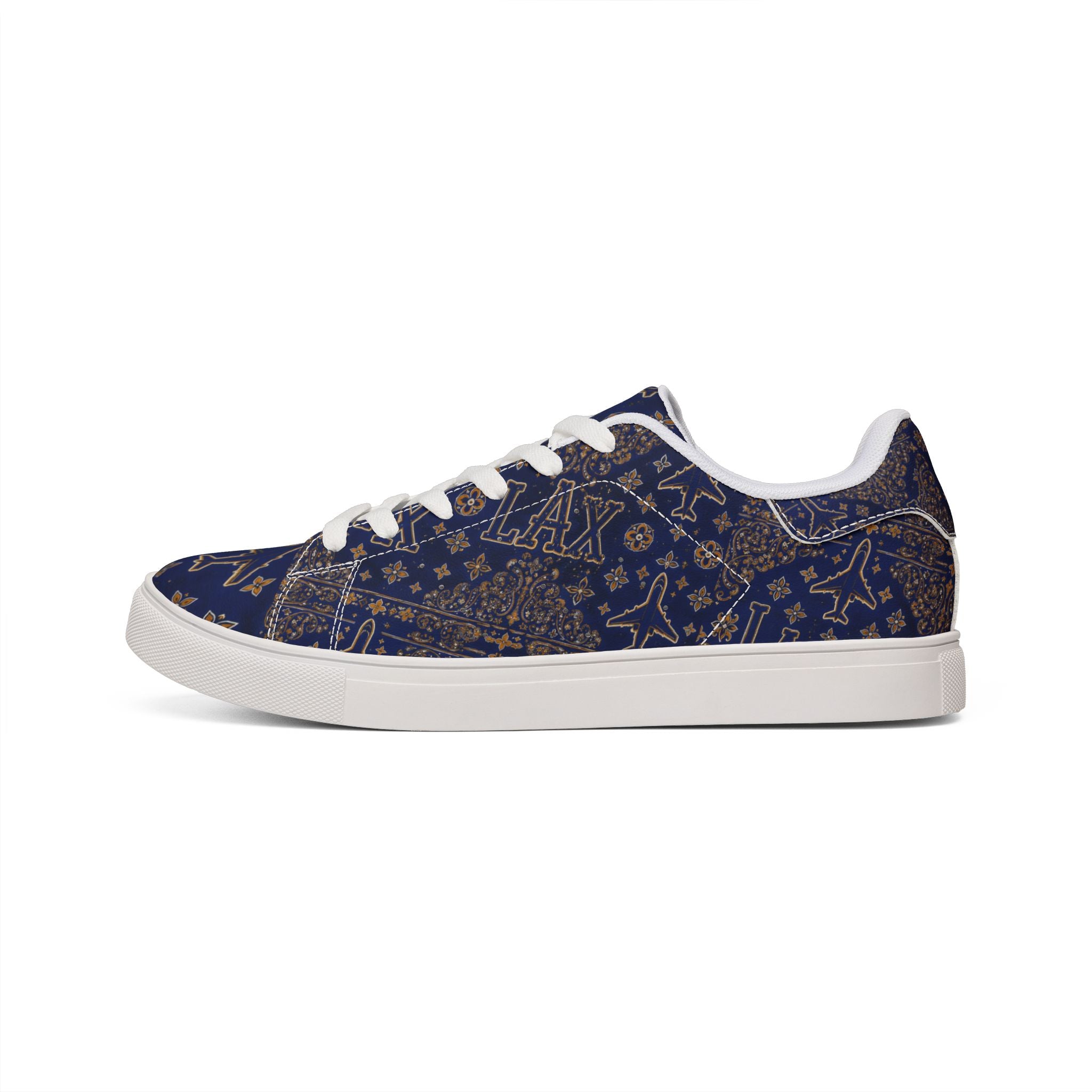 LAX Airplane Pattern Men's Low-Top Sneakers — Navy Travel-Inspired Leather Shoes