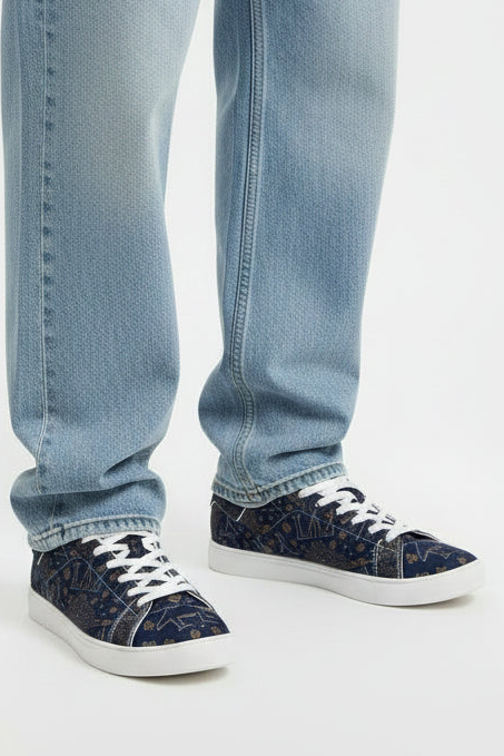 LAX Airplane Pattern Men's Low-Top Sneakers — Navy Travel-Inspired Leather Shoes