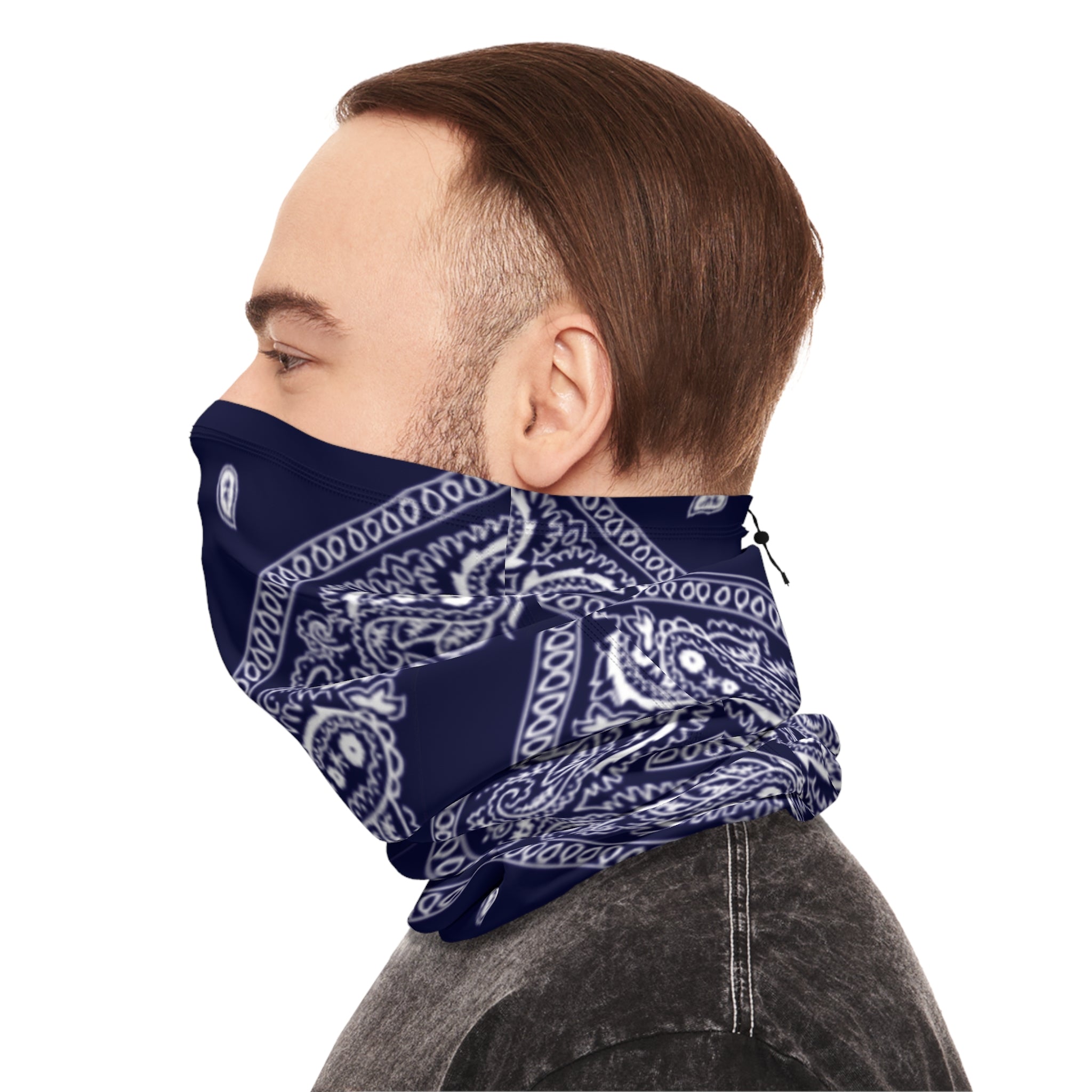 Navy Paisley Winter Neck Gaiter with Drawstring — Cozy Face & Neck Warmer
