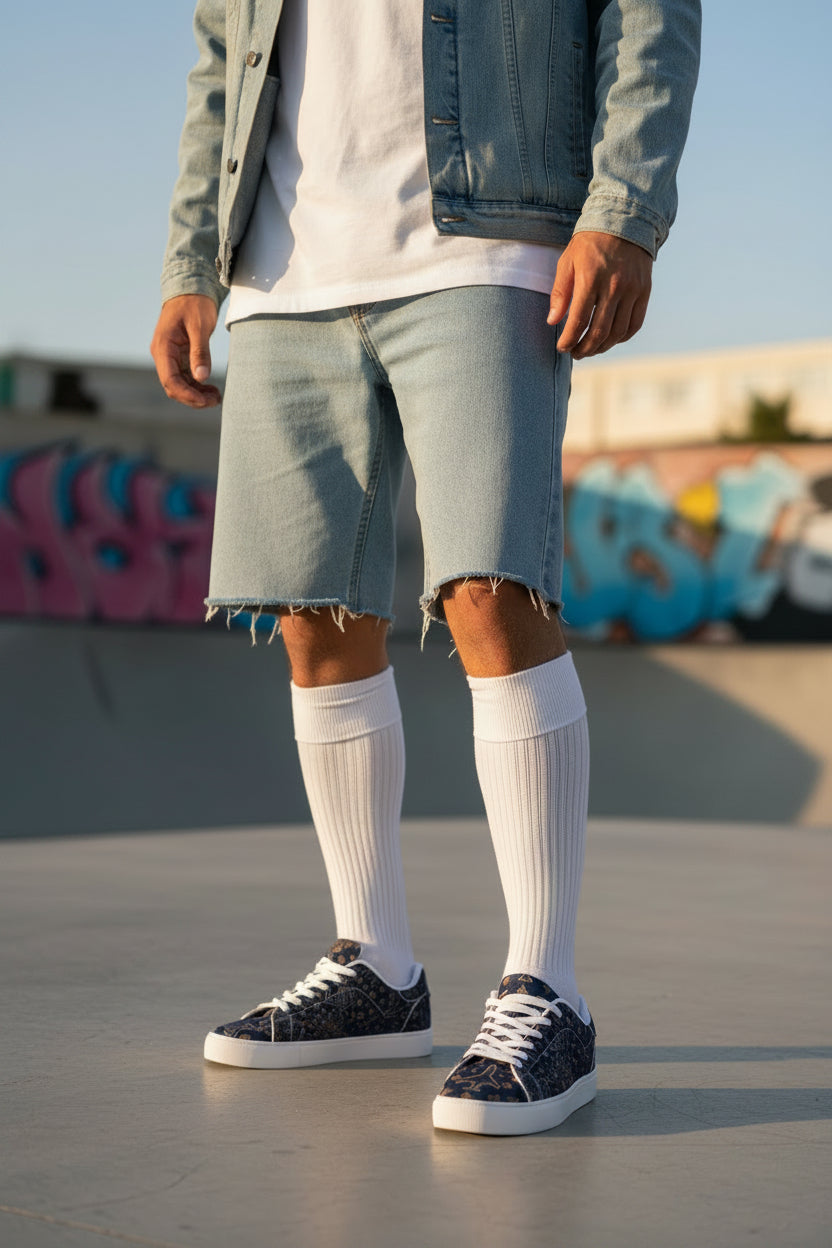 LAX Airplane Pattern Men's Low-Top Sneakers — Navy Travel-Inspired Leather Shoes