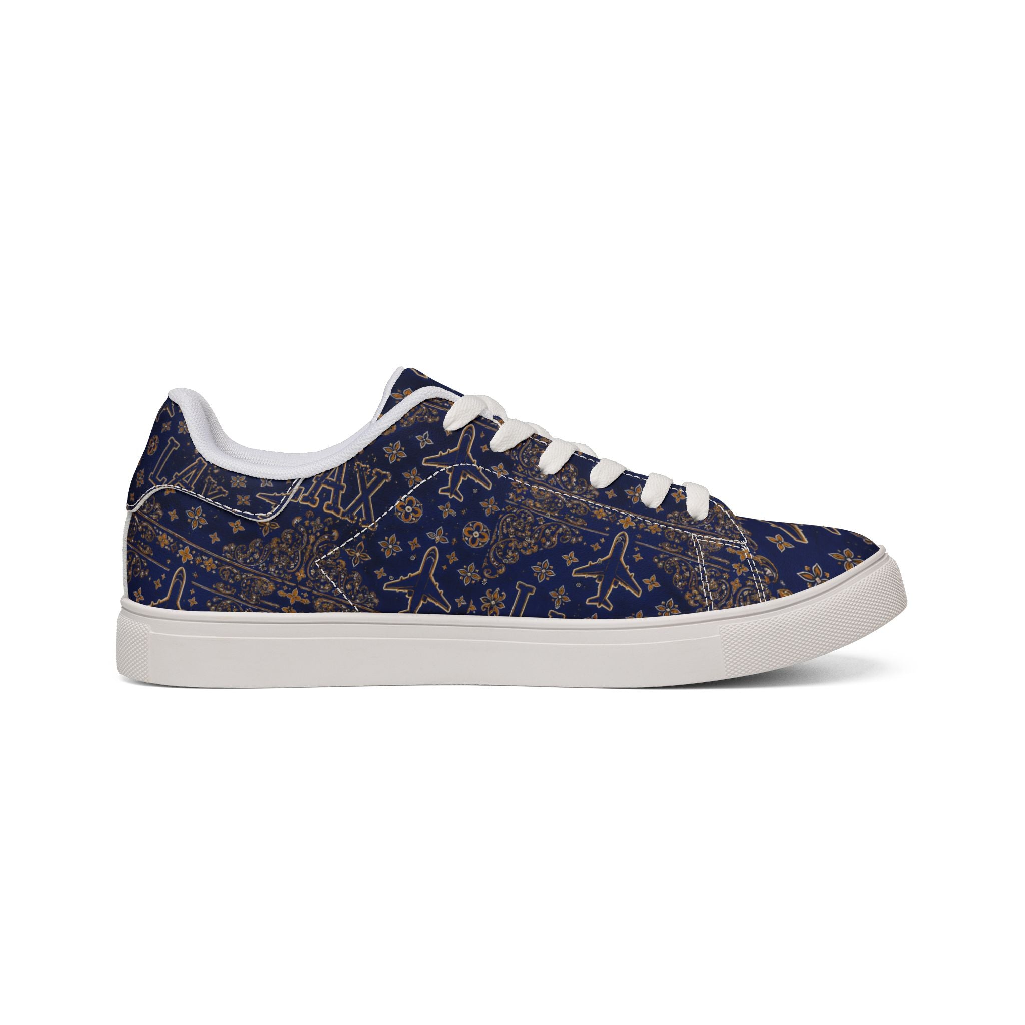 LAX Airplane Pattern Men's Low-Top Sneakers — Navy Travel-Inspired Leather Shoes