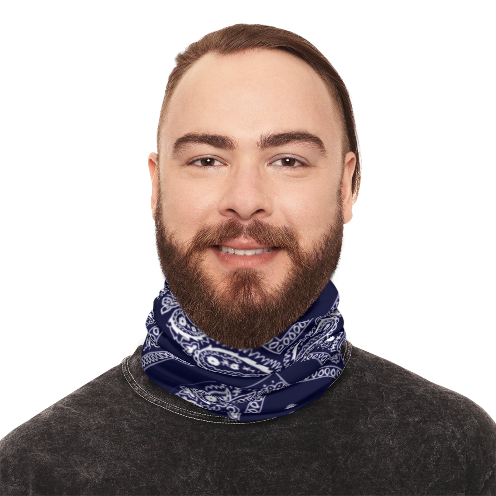 Navy Paisley Winter Neck Gaiter with Drawstring — Cozy Face & Neck Warmer