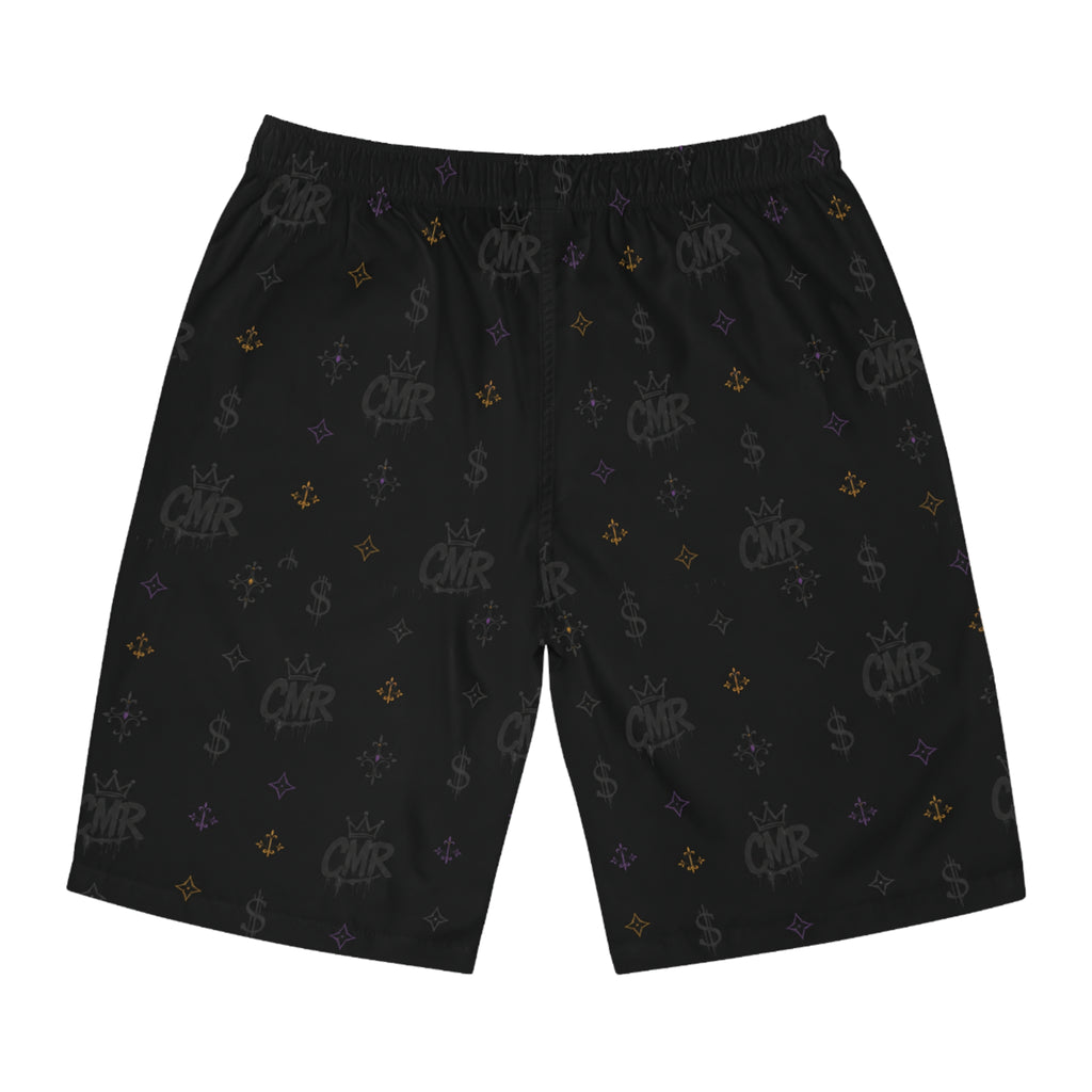 Black Monogram Board Shorts — Subtle Fleur & Crown All-Over Print