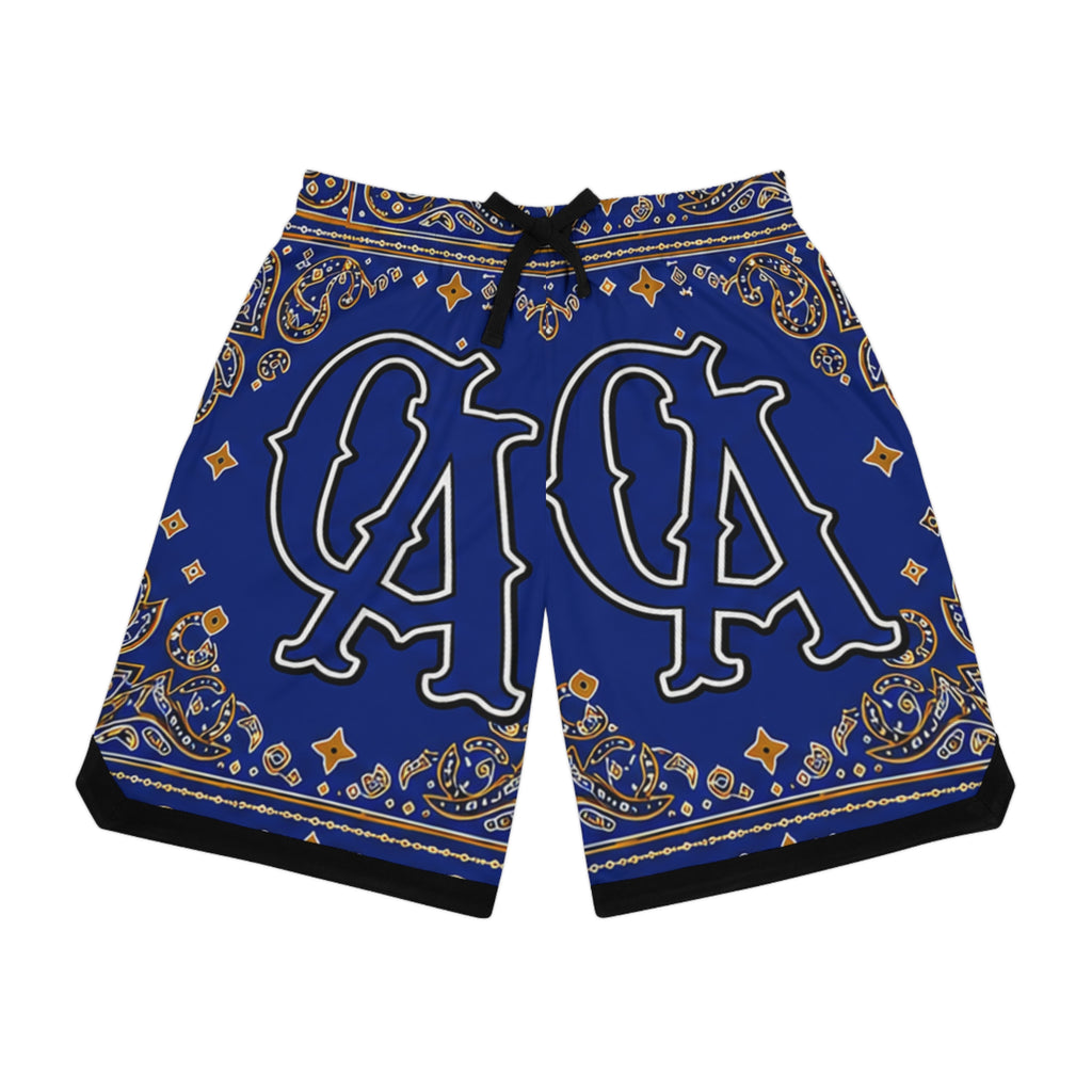 Blue Paisley Bandana Basketball Shorts — AOP Athletic Ribbed Shorts with 'OA' Monogram