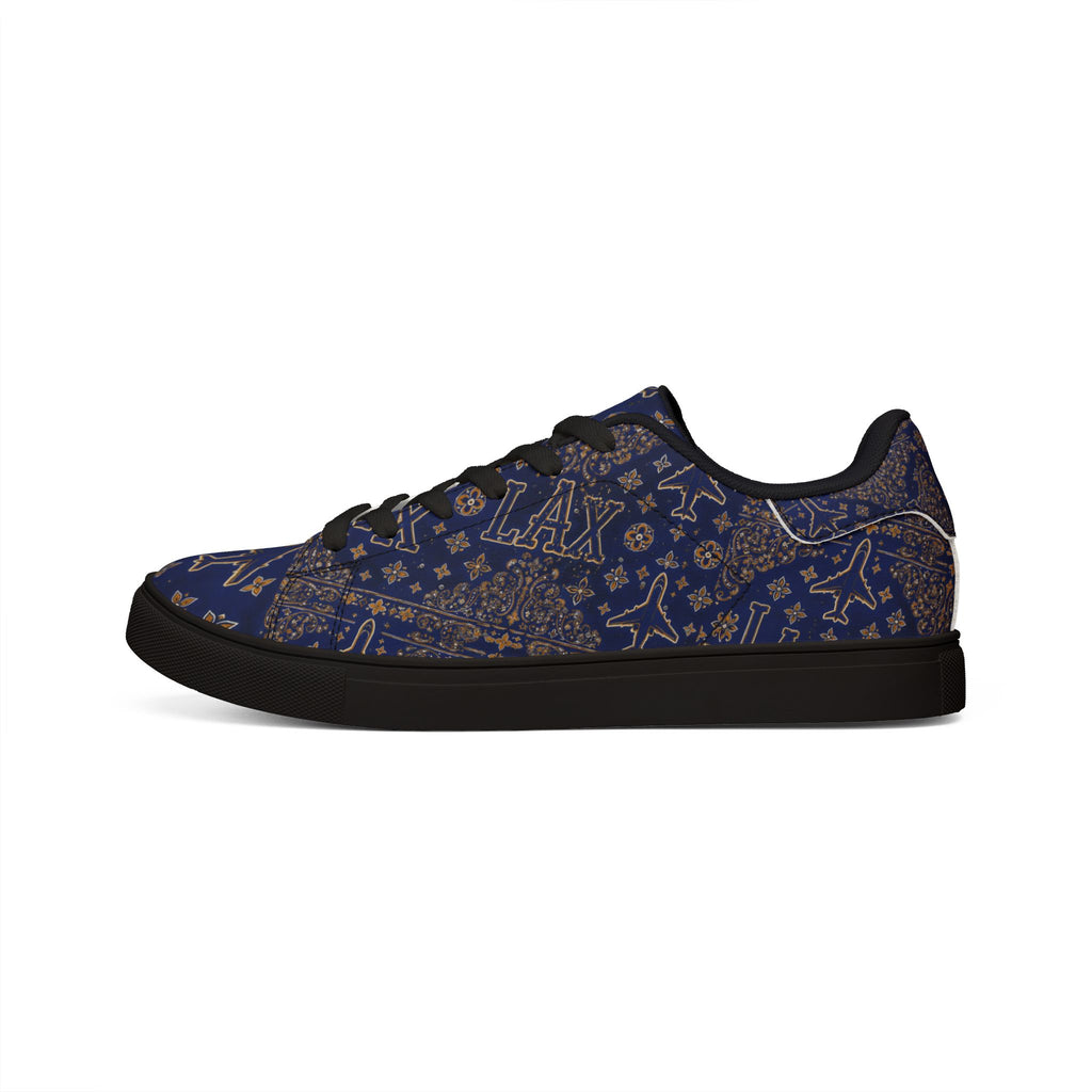 LAX Airplane Pattern Men's Low-Top Sneakers — Navy Travel-Inspired Leather Shoes