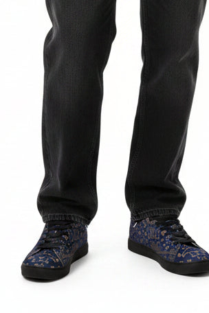 LAX Airplane Pattern Men's Low-Top Sneakers — Navy Travel-Inspired Leather Shoes