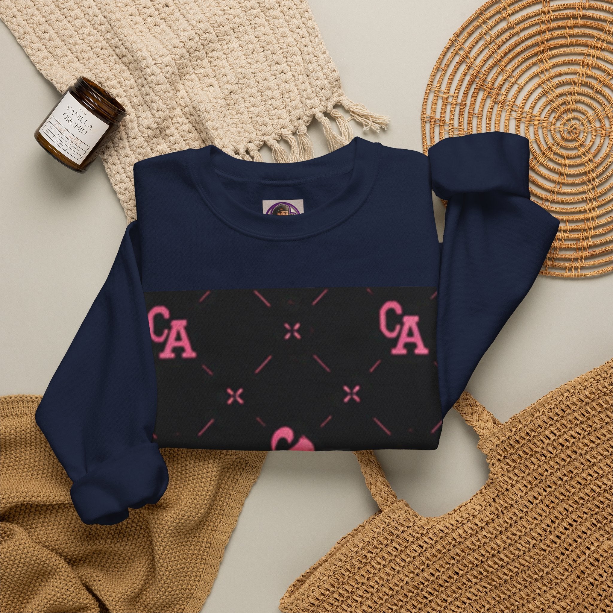 Crewneck Sweatshirt — Pink Monogram Block Print on Black