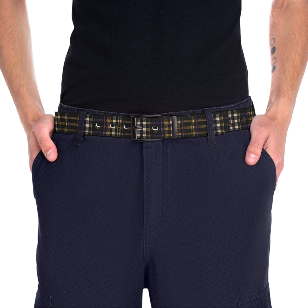 Designer Logo Print Belt — Black Gold Patterned Waist Accessory